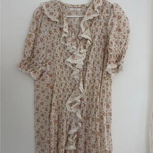 Doen Cream Floral Ruffle Midi Dress with Lace Trim